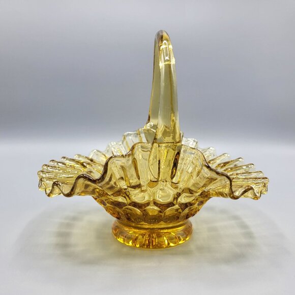 Vintage Candy Dish Amber Glass Basket Thumbprint Ruffled Edge - Picture 6 of 12